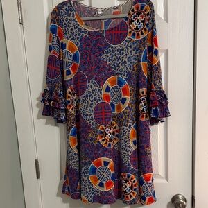 Honeyme Blue & Orange Patterned Midi Dress with Ruffled Sleeves